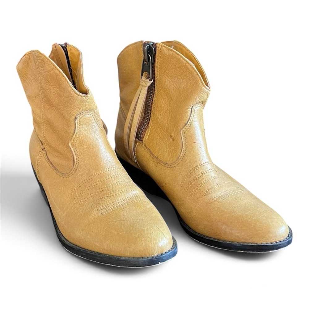 Shoemint Mustard Yellow Leather Western Ankle Boots with Side Zip